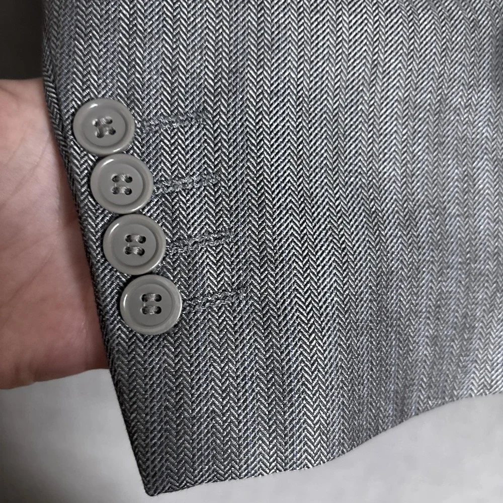 Tessori Suit 44L 43x36 Silver Herringbone 3 Piece Handmade Custom Italy Tall